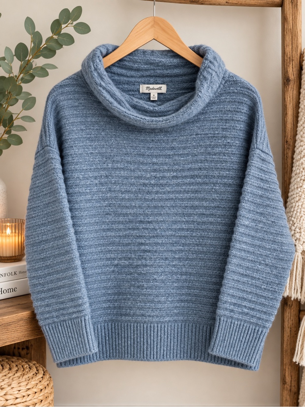 Madewell Ribbed Cowl Neck Sweater in Dusty Blue